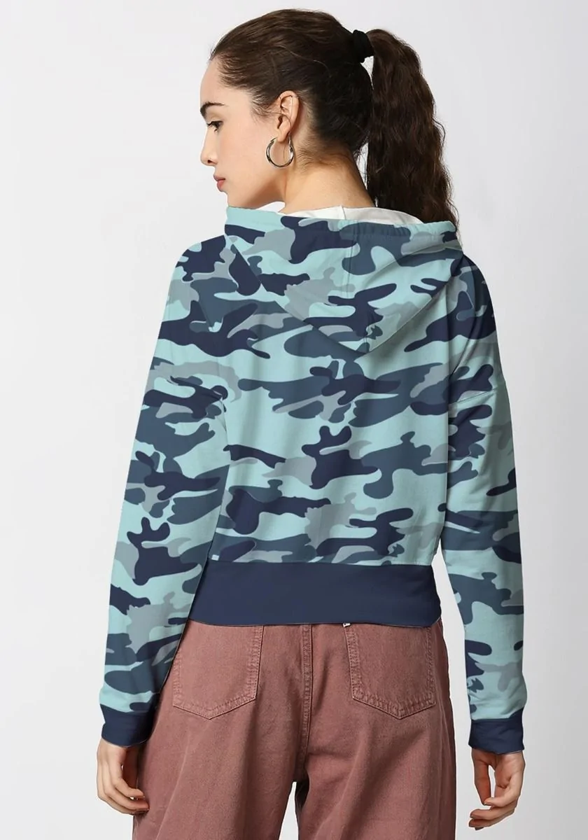 Teal Camo Crop Zipper Hoodie