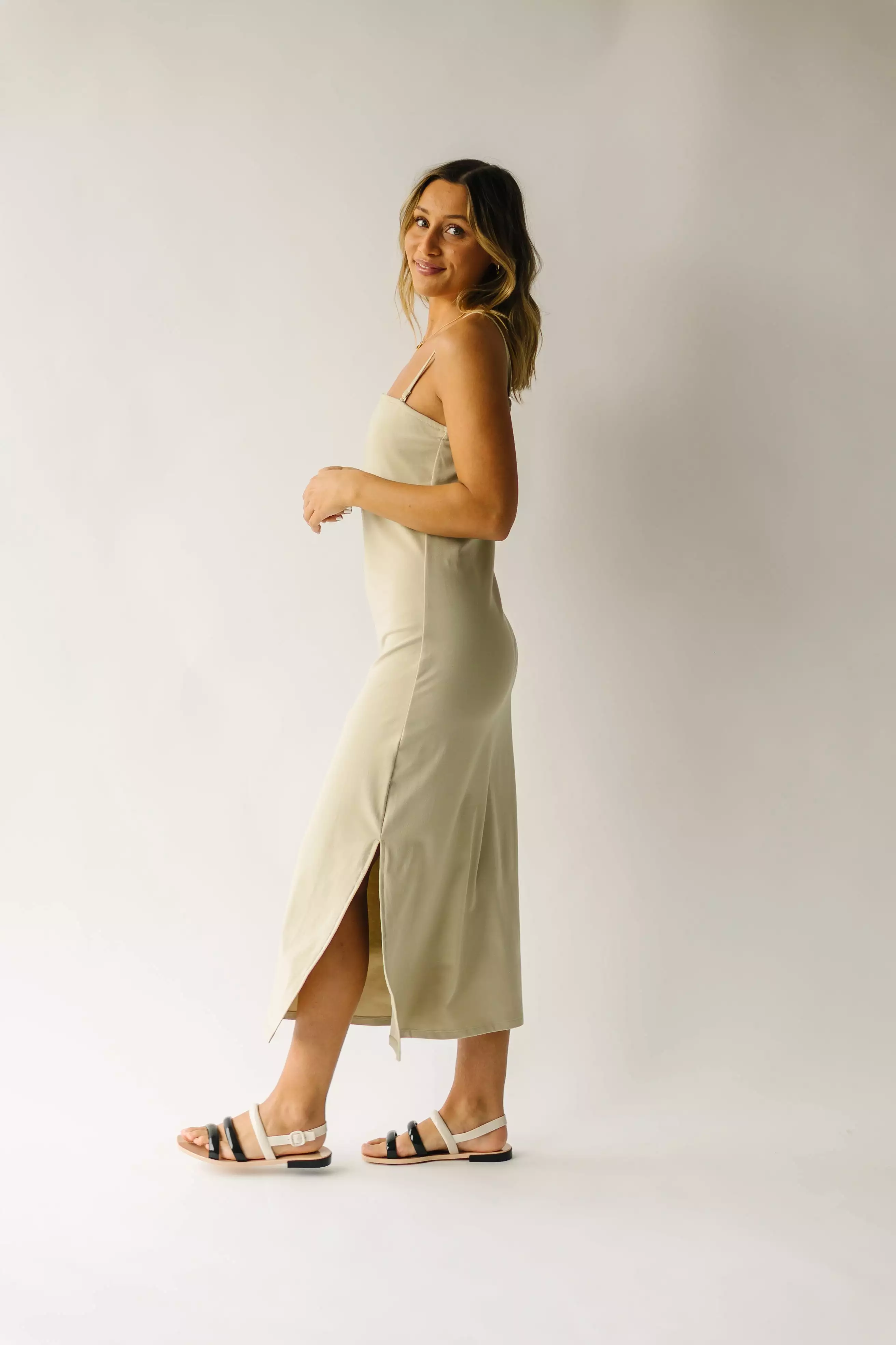 The Belinda Tank Knit Midi Dress in Khaki