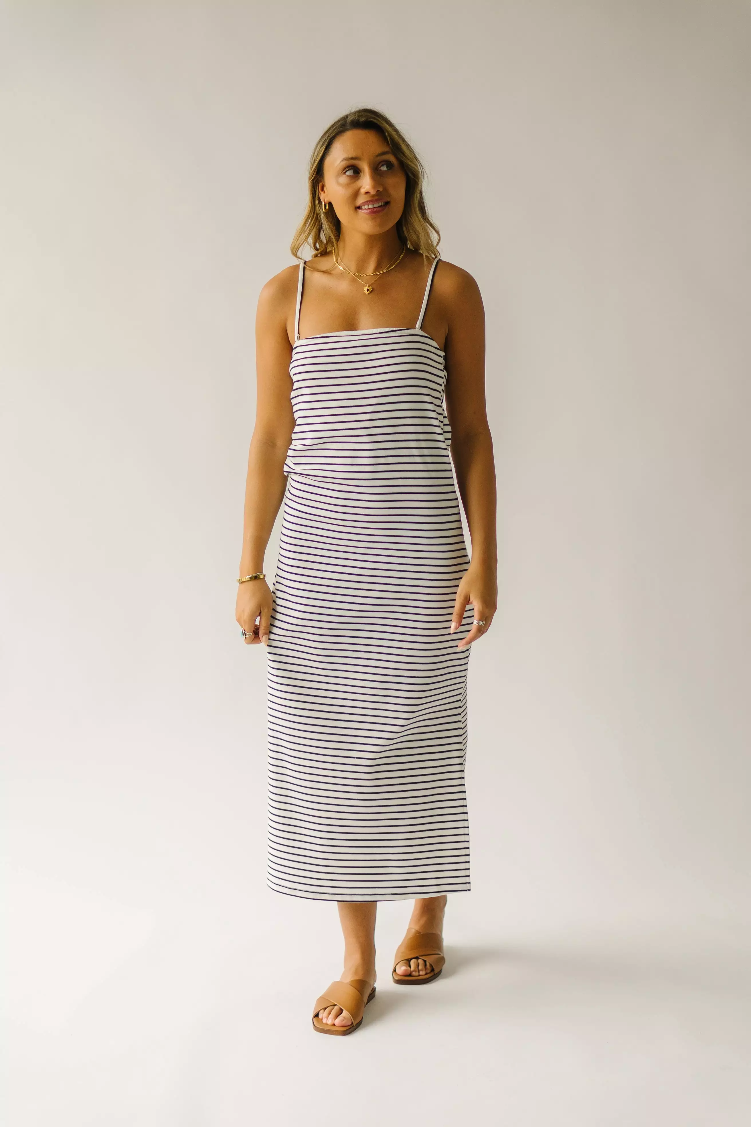 The Garber Knit Tank Midi Dress in Ivory + Navy Stripe