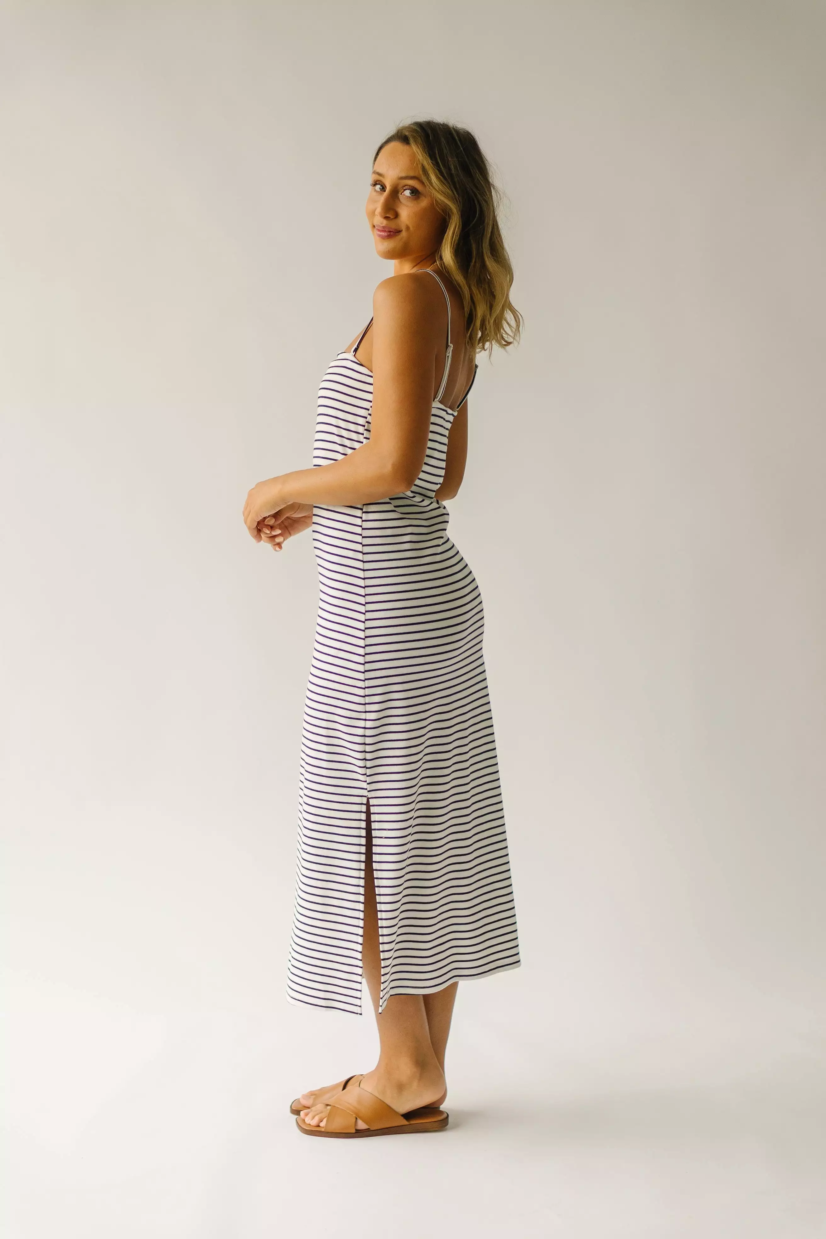 The Garber Knit Tank Midi Dress in Ivory + Navy Stripe