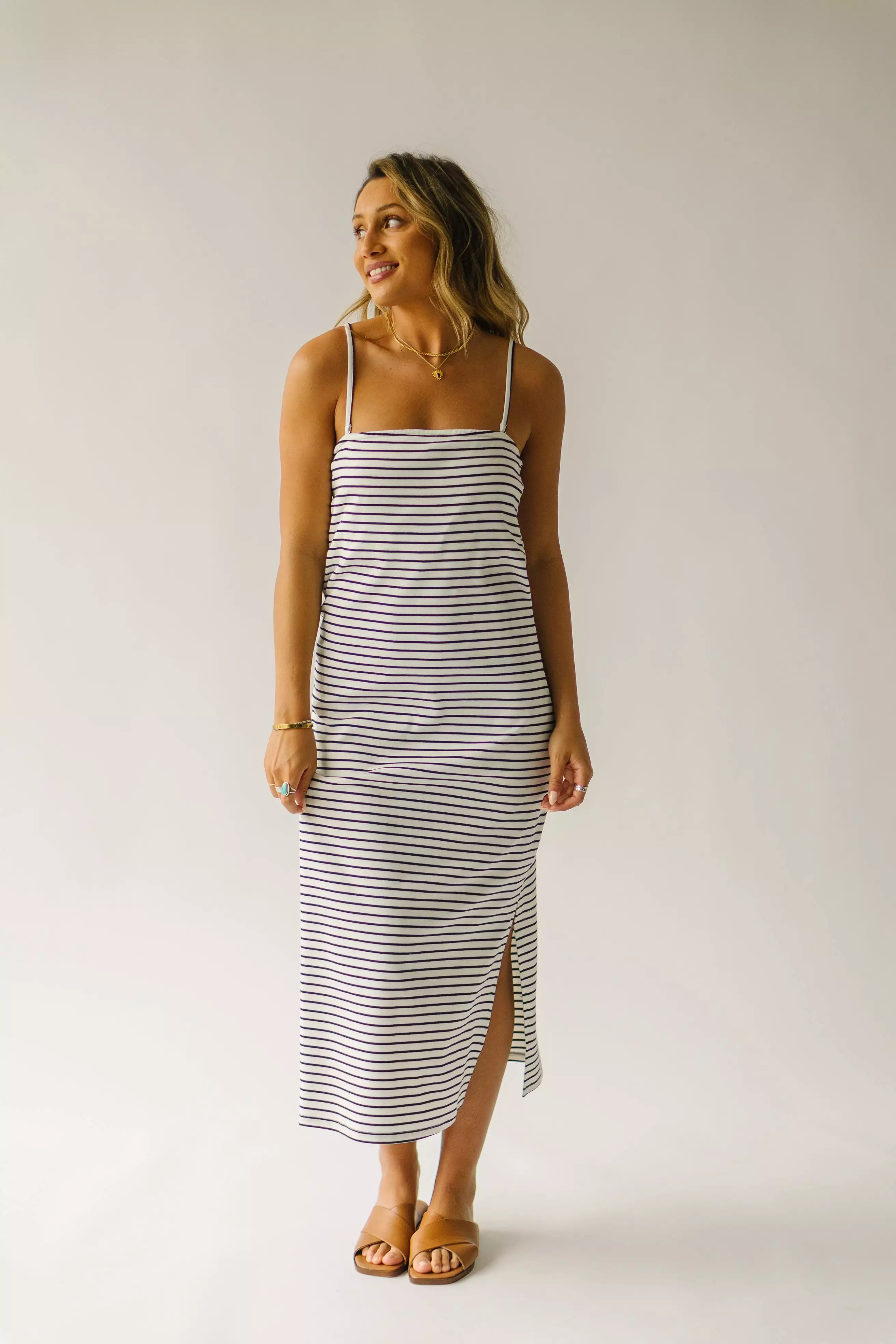 The Garber Knit Tank Midi Dress in Ivory + Navy Stripe