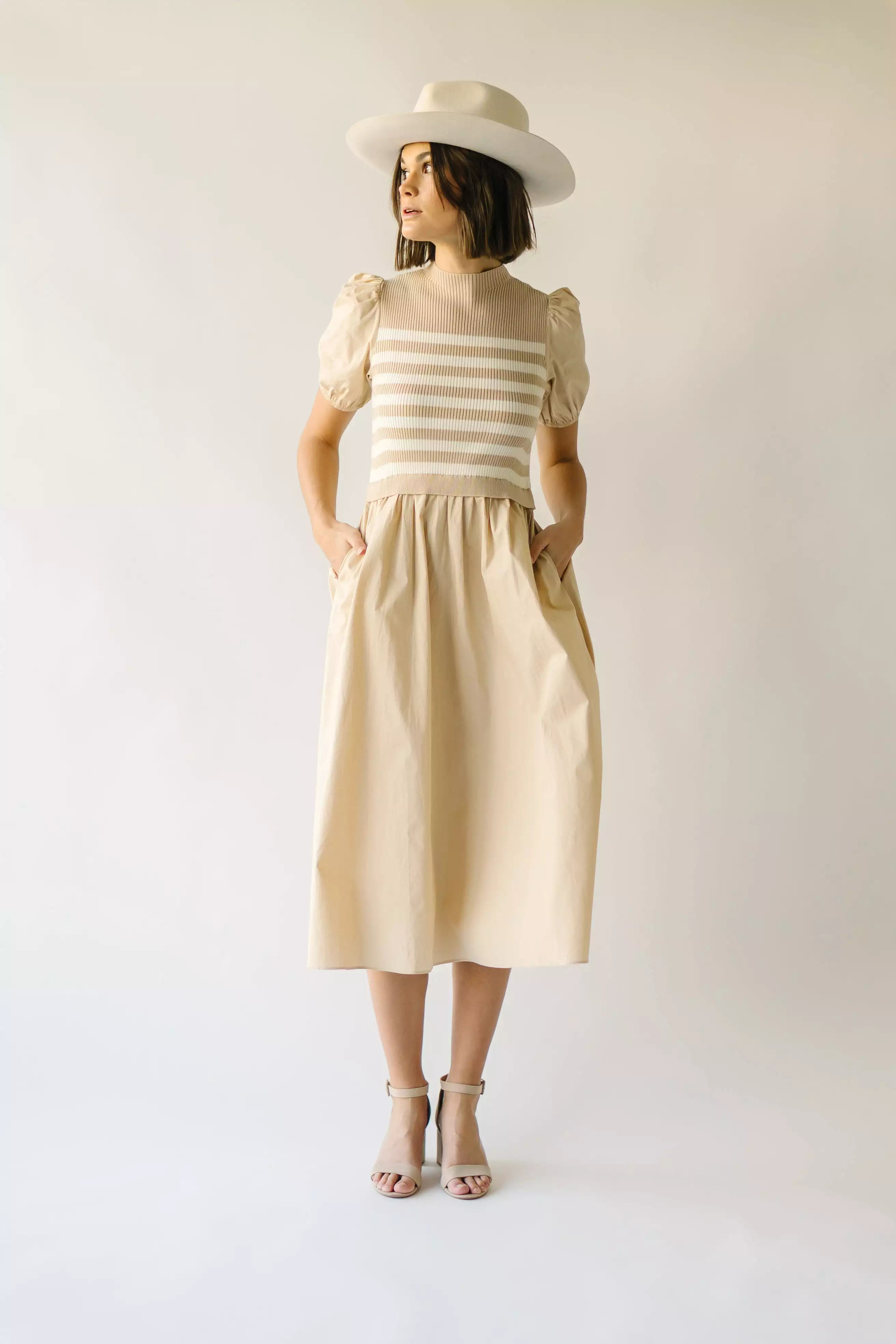 The Roxie Knit Bodice Detail Midi Dress in Sand