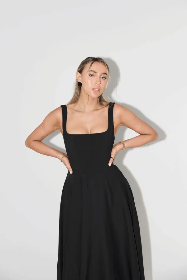 The Ultimate Muse High Waist Square Neck Midi Dress Black