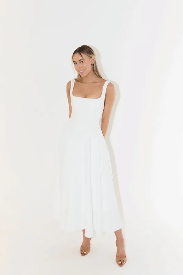 The Ultimate Muse High Waist Square Neck Midi Dress White