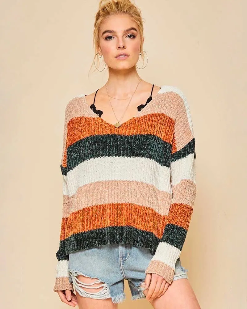 V-Neck Ribbed Colorblock Oversized Pullover Sweater