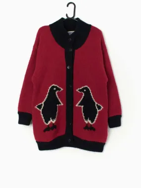 Vintage knitted penguin cardigan coat in red – Medium / Large