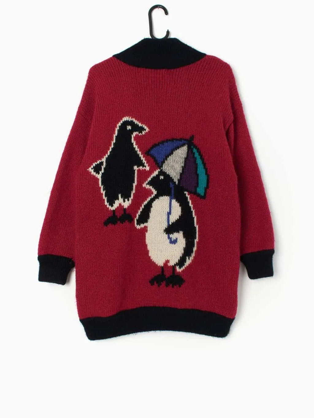 Vintage knitted penguin cardigan coat in red – Medium / Large