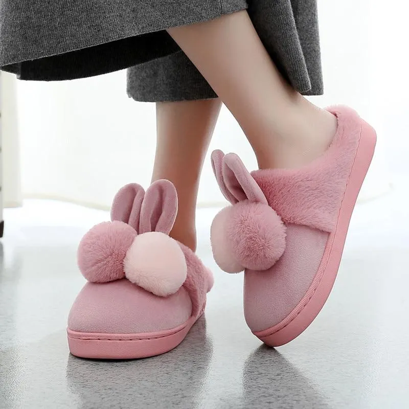 Women's Warm Cotton Plush Cute Cartoon Ball Rabbit Ears Home Slippers