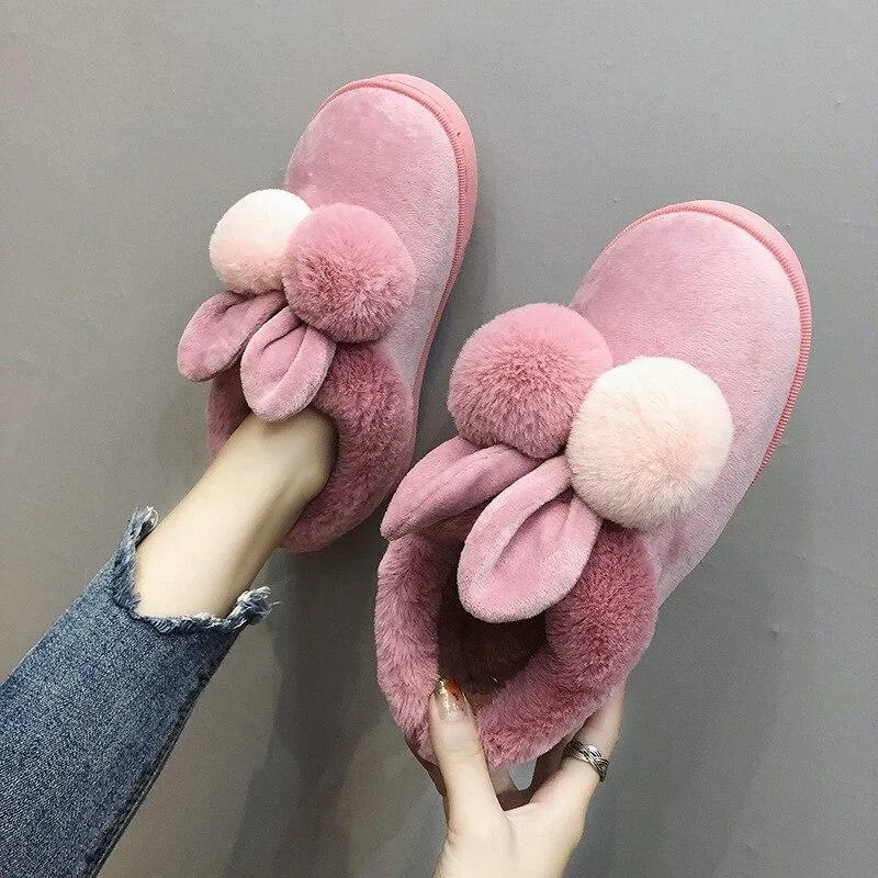 Women's Warm Cotton Plush Cute Cartoon Ball Rabbit Ears Home Slippers