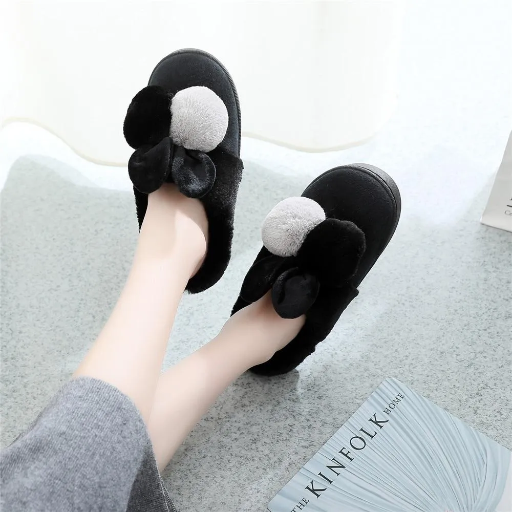 Women's Warm Cotton Plush Cute Cartoon Ball Rabbit Ears Home Slippers