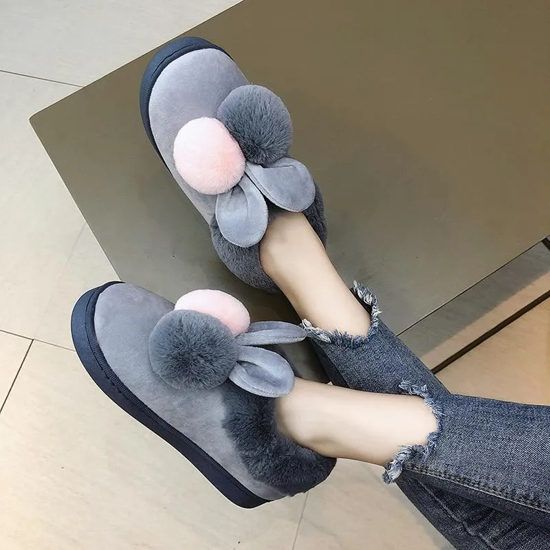 Women's Warm Cotton Plush Cute Cartoon Ball Rabbit Ears Home Slippers