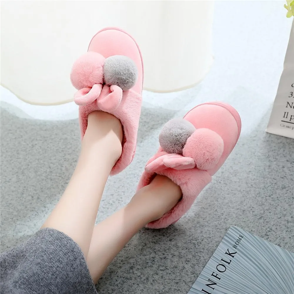 Women's Warm Cotton Plush Cute Cartoon Ball Rabbit Ears Home Slippers