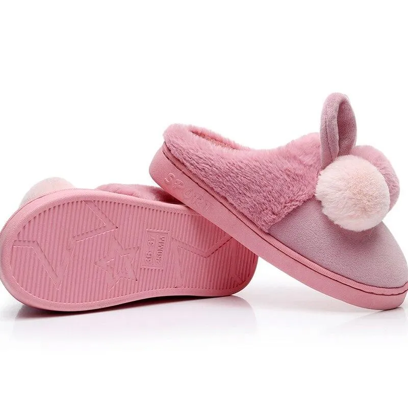 Women's Warm Cotton Plush Cute Cartoon Ball Rabbit Ears Home Slippers