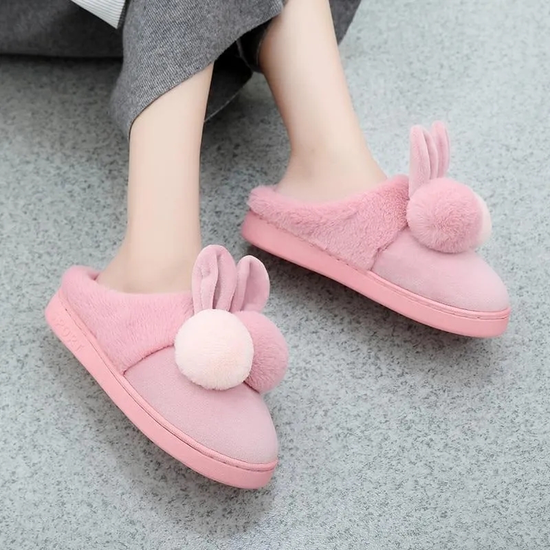 Women's Warm Cotton Plush Cute Cartoon Ball Rabbit Ears Home Slippers