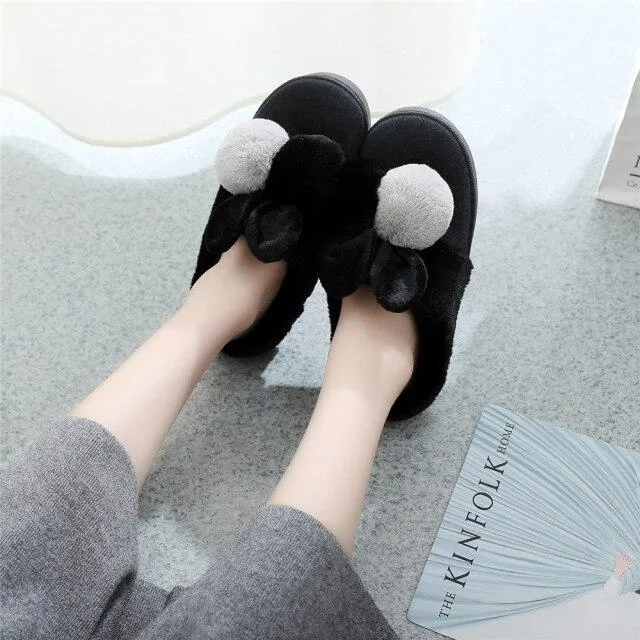 Women's Warm Cotton Plush Cute Cartoon Ball Rabbit Ears Home Slippers