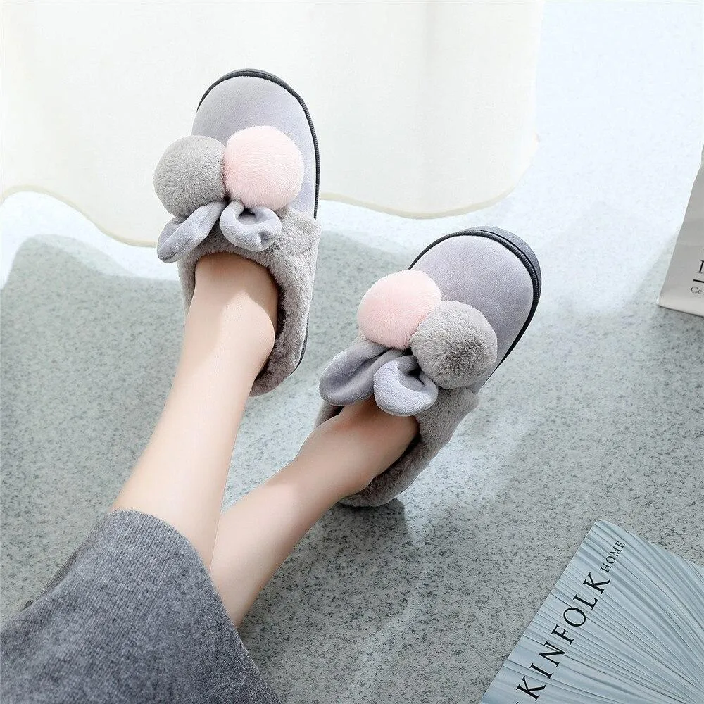 Women's Warm Cotton Plush Cute Cartoon Ball Rabbit Ears Home Slippers