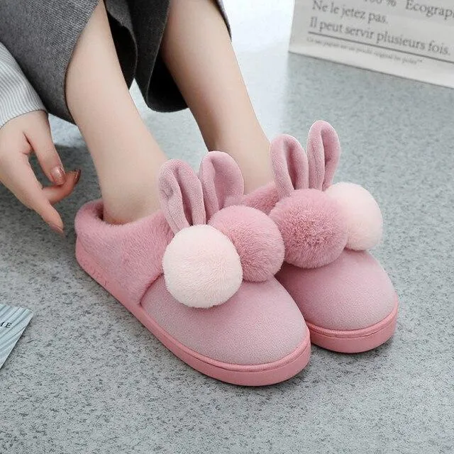 Women's Warm Cotton Plush Cute Cartoon Ball Rabbit Ears Home Slippers