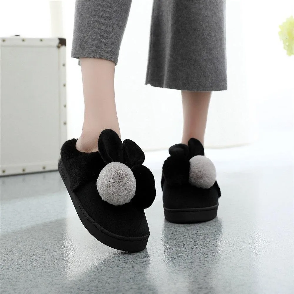 Women's Warm Cotton Plush Cute Cartoon Ball Rabbit Ears Home Slippers