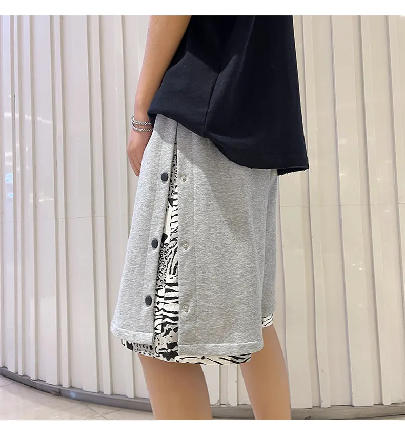 Xituodai Fake Two Summer Men Casual Shorts Baggy Wide Leg Hip Hop Streetwear Floral Stitching Slit Korean Knee-length Beach Shor