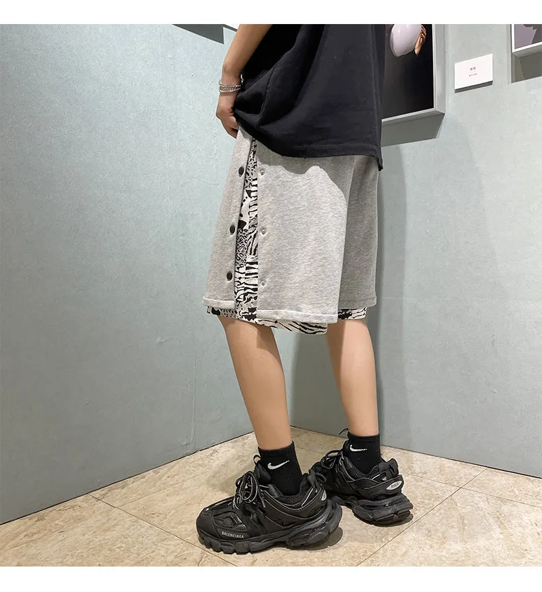 Xituodai Fake Two Summer Men Casual Shorts Baggy Wide Leg Hip Hop Streetwear Floral Stitching Slit Korean Knee-length Beach Shor