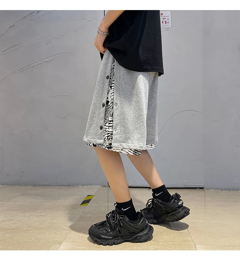 Xituodai Fake Two Summer Men Casual Shorts Baggy Wide Leg Hip Hop Streetwear Floral Stitching Slit Korean Knee-length Beach Shor